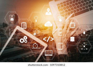 Coding software developer work with augmented reality dashboard computer icons of scrum agile development and code fork and versioning with responsive cybersecurity.Businessman hand working  - Powered by Shutterstock - Get 15% off with code: PIKWIZARD15