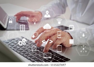 Coding Software Developer Work With Augmented Reality Dashboard Computer Icons Of Scrum Agile Development And Code Fork And Versioning With Responsive Cybersecurity.businessman Typing Digital Tablet.