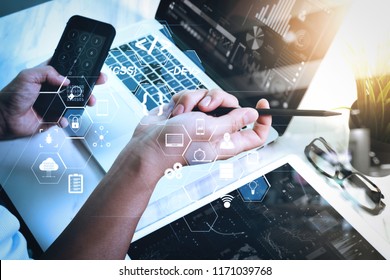 Coding software developer work with augmented reality dashboard computer icons of scrum agile development and code fork and versioning with responsive cybersecurity.business man hand working. - Shutterstock ID 1171039768