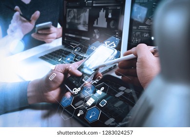 Coding software developer work with augmented reality dashboard computer icons of scrum agile development and code fork and versioning with responsive cybersecurity.Business team meeting present. 