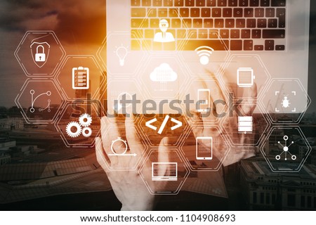 Coding software developer work with augmented reality dashboard computer icons of scrum agile development and code fork and versioning with responsive cybersecurity.Businessman hand working  VR screen