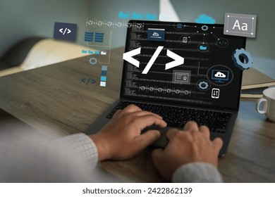coding web man hands coding html and developer software programming on screen laptop computer typing data code website, Programming with HTML technology