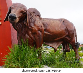 Codo Del Pozuzo, Peru; November 2019: Red Bull Statue. Sculpture Of A Brahman Cattle