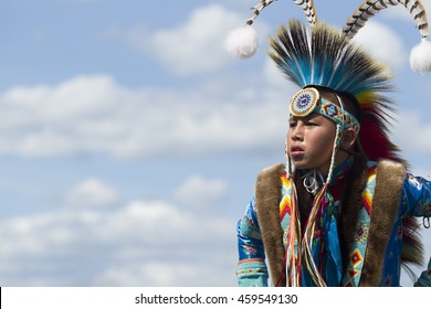 Coeur D'Alene, Idaho USA - 07-23-2016. Native American Youth. Young Dancer Participates In The Julyamsh Powwow On July 23, 2016 In Coeur D'Alene, Idaho.