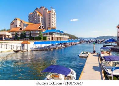 Coeur D'Alene, Idaho USA - August 5 2022: Summer View Of The Downtown Marina With Resort Buildings And Offices Nearby In The Rural Mountain Town Along The Lake In Coeur D'Alene, Idaho USA.