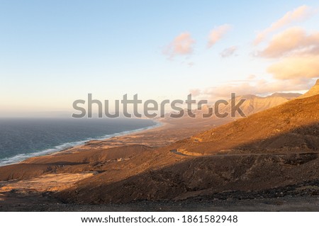 Cofete sandy beach with vulcanic mountains in the background, Jandia, Fuerteventura,  Canary island, Spain.