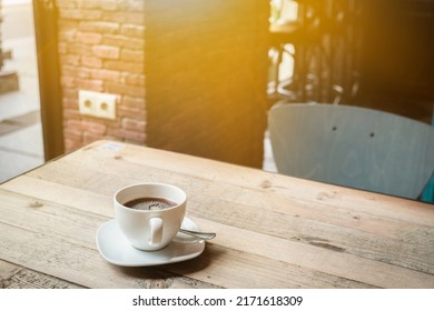 Coffe With Milk White Cup On Caffee Table. Morning