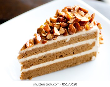 coffee almond cake on white dish
