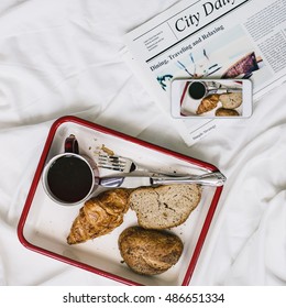 Coffee Americano Espresso Newspaper Breakfast In Bed Concept