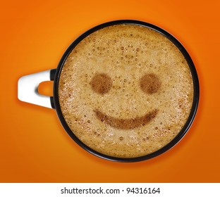 Coffee Art, A Cup Of Cappuccino With Smile Face Sign Pattern In A Cup On Orange Background.