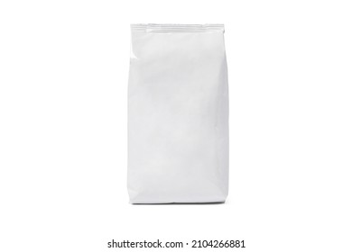 Coffee Bag Mockup Isolated On White Background. Front View. White Package For Tea, Biscuit. Paper Pouch, Milk Pack. Snack Package Blank, Glossy Flex Box. Juice Paper Container. Foil Bag For Food.