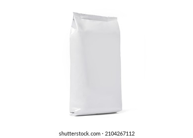 Coffee Bag Mockup Isolated On White Background. Front View. White Package For Tea, Biscuit. Paper Pouch, Milk Pack. Snack Package Blank, Glossy Flex Box. Juice Paper Container. Foil Bag For Food.