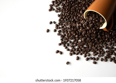 Coffee Bean In Cup On White Table Background. Top View. Space For Text. Flat Lay