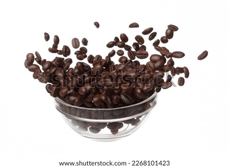 Coffee bean fall down pour in glass bowl, Coffee seeds float explode, abstract cloud fly. Coffee beans splash throwing in Air. White background Isolated high speed shutter, freeze motion