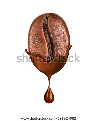 Coffee bean in liquid hot chocolate isolated on white background