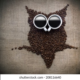 Coffee bean owl, Owl silhouette made with coffee beans on a coffee sack. - Powered by Shutterstock