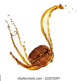 Coffee Bean In Splash, Isolated On White Background