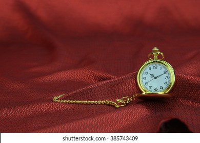 Coffee Bean And Vintage Pocket Watch On Table Runner And Copy Space