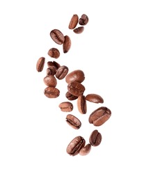 Coffee Beans In The Air Close -up Isolated On A White Background
