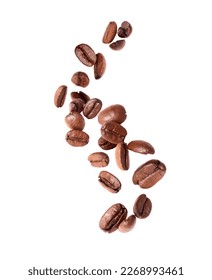 Coffee beans in the air close -up isolated on a white background - Shutterstock ID 2268993461