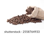 Coffee beans in bag isolated on white background