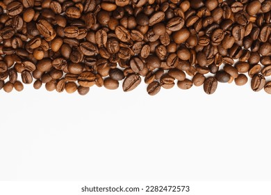 Coffee beans border on white background. Copy space for text
