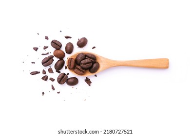 Coffee Beans With Broken In Wooden Spoon Isolated On White Background , Top View.