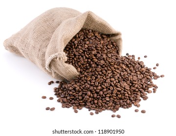 Coffee Beans In Burlap Bag Isolated On White Background