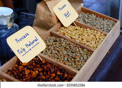 coffee beans with different processing methods: wet, dry, pulp natural, and honey process 