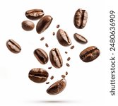 Coffee beans falling in the air isolated on a white background. Coffee beans flying.