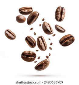 Coffee beans falling in the air isolated on a white background. Coffee beans flying.