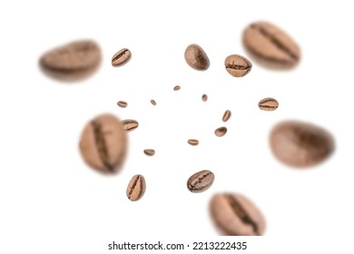 Coffee beans falling background. Black espresso coffee bean flying. Aromatic grain fall isolated on white. Represent breakfast for energy and freshness concept - Shutterstock ID 2213222435