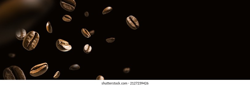 Coffee beans in flight on a dark background - Shutterstock ID 2127239426