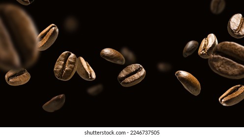 Coffee beans in flight on a dark background. - Shutterstock ID 2246737505