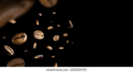 Coffee beans fly and levitate in space. Isolated on black - Shutterstock ID 2292325743
