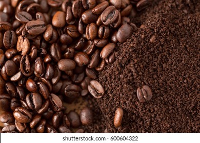 Coffee Beans and Grounds from Above Close Up. coffee beans and grounds close up from above