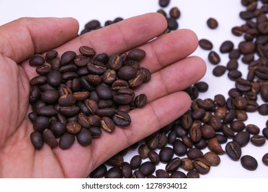 Coffee Beans In Hand, Coffee Bean Background Texture With Copy Space For Text. Royalty High-quality Free Stock Macro Photo Image Of Roasted Black Coffee Beans, Coffee Beans In Hands Background