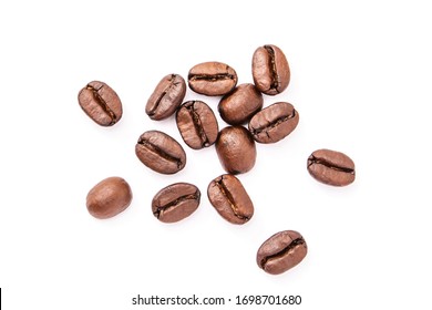 Coffee Beans Isolated On White Background , Top View , Flat Lay.