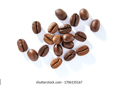 Coffee Beans Isolated On White Background , Top View , Flat Lay.