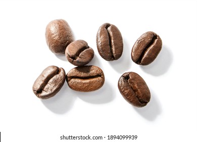 Coffee Beans Isolated On White Background , Top View , Flat Lay.