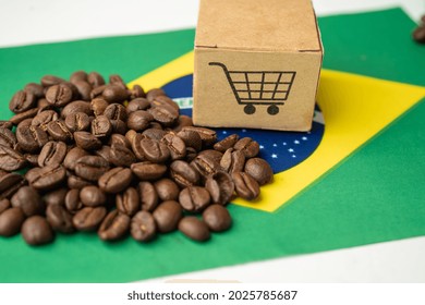 Coffee Beans On Brazil Flag; Import Export Drink Food Concept. Flag, Import Export Drink Food Concept.