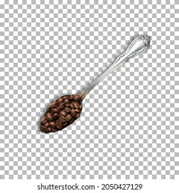 Coffee Beans On Silver Spoon Isolated Transparent Background.