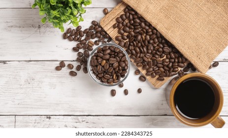 Coffee and coffee beans on the table.
