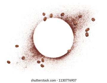Coffee beans and coffee powder with round copyspace