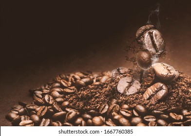 Coffee Beans Roasted Grains With Steam Brown Background Close Up