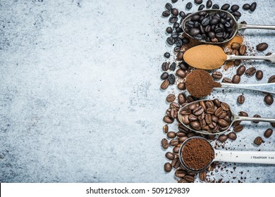 coffee beans roasted,instant and grinded coffee, background with copy space