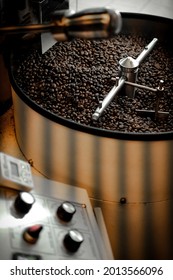 Coffee Beans Roasting Process With Close Up View In The Spinning Cooler Drum