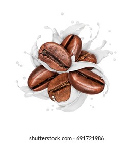 Coffee beans with splashes of milk isolated on white background 