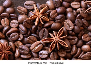 Coffee Beans With Star Anise Flowers Close-up. View From Above