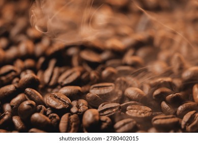 Coffee beans steaming with soft focus, dark mood background.